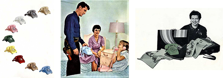 Left – The 500 telephone set shown in various colours. Center - Bell installer showing pink and blue 500 telephone sets to customers. Right – Bell service representative surrounded by drapery and upholstery fabrics which she uses for demonstration purposes.