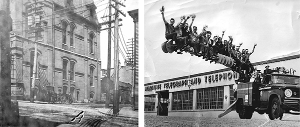 À gauche – Lignes téléphoniques à Halifax, vers 1900. À droite – Membres de l’équipe de la Maritime Telegraph and Telephone Company, Nouvelle-Écosse, 1967.