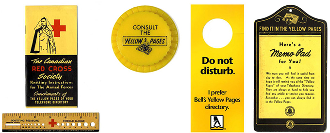 Yellow Pages giveaways and promotional items: knitting instructions and measure, soft drink cap, doorhanger and memo pad.