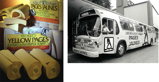 À gauche : Les essuie-tout de la marque Loblaws produits à partir de Pages Jaunes recyclées. À droite : Autobus de ville à l’effigie des Pages Jaunes, vers 1985.